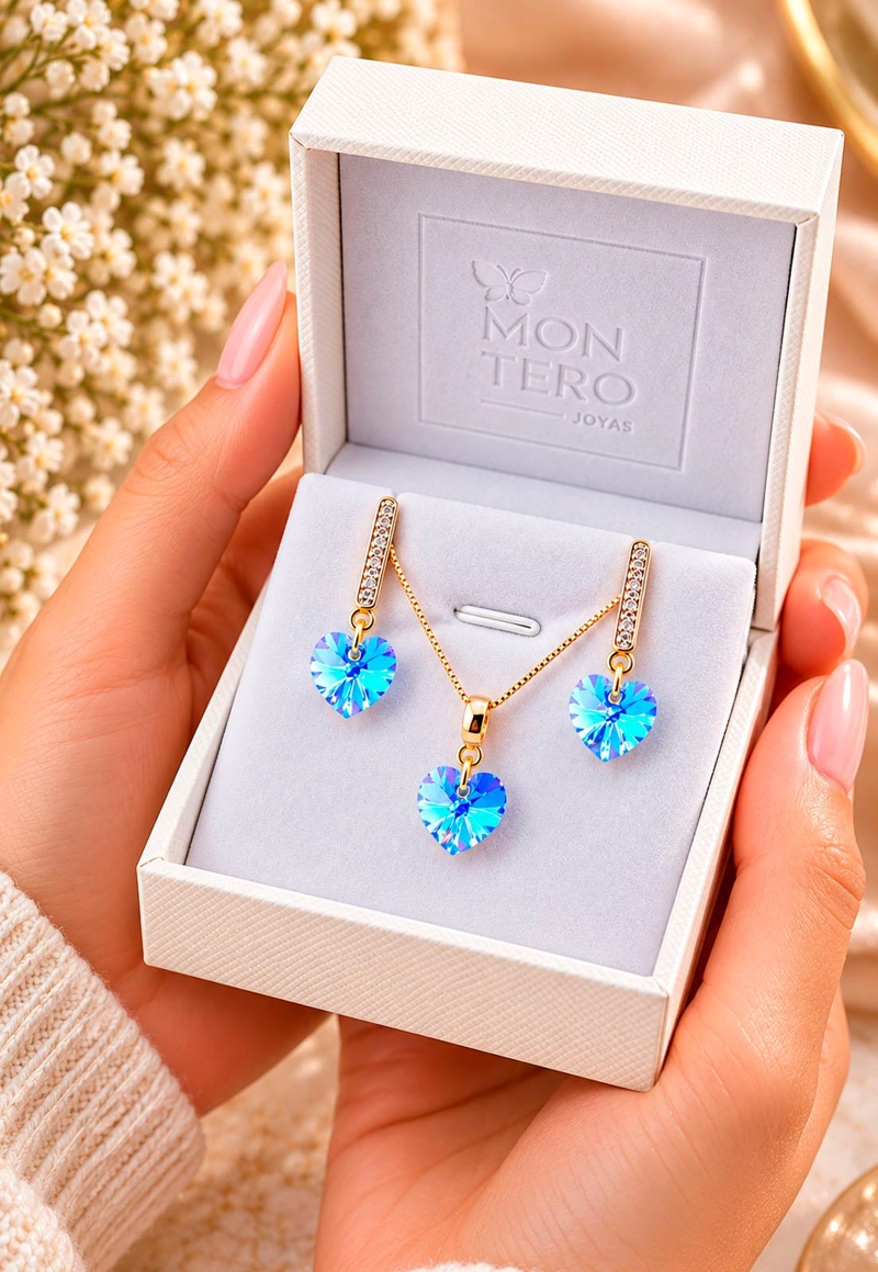 CONJUNTO JOYAS MONTERO ROMANCE GOLD CRISTALES GENUINOS AQUAMARINE - 5
