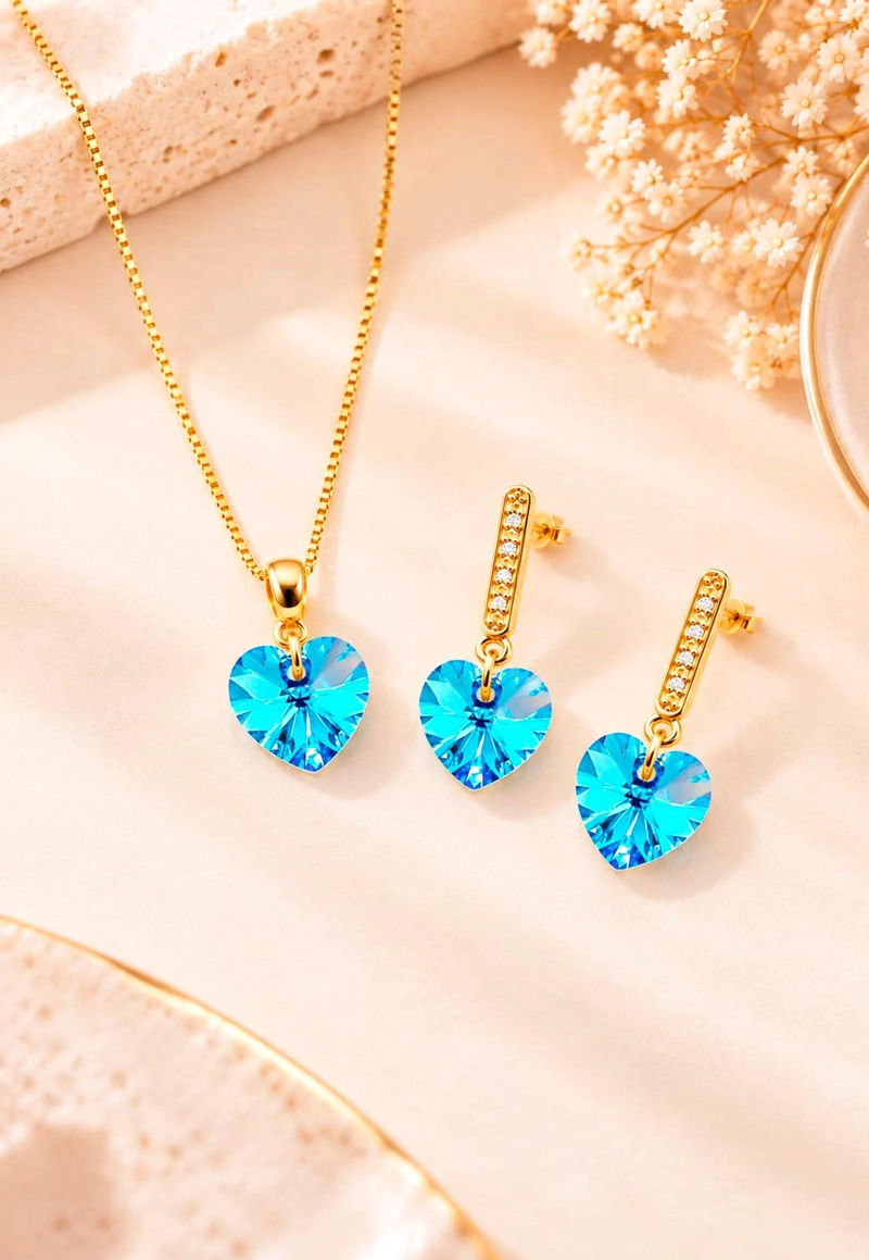 CONJUNTO JOYAS MONTERO ROMANCE GOLD CRISTALES GENUINOS AQUAMARINE - 6