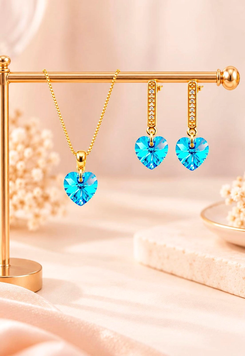 CONJUNTO JOYAS MONTERO ROMANCE GOLD CRISTALES GENUINOS AQUAMARINE - 7