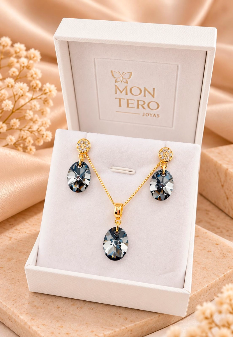 CONJUNTO JOYAS MONTERO PRAGA GOLD CRISTALES GENUINOS SILVER NIGHT - 3