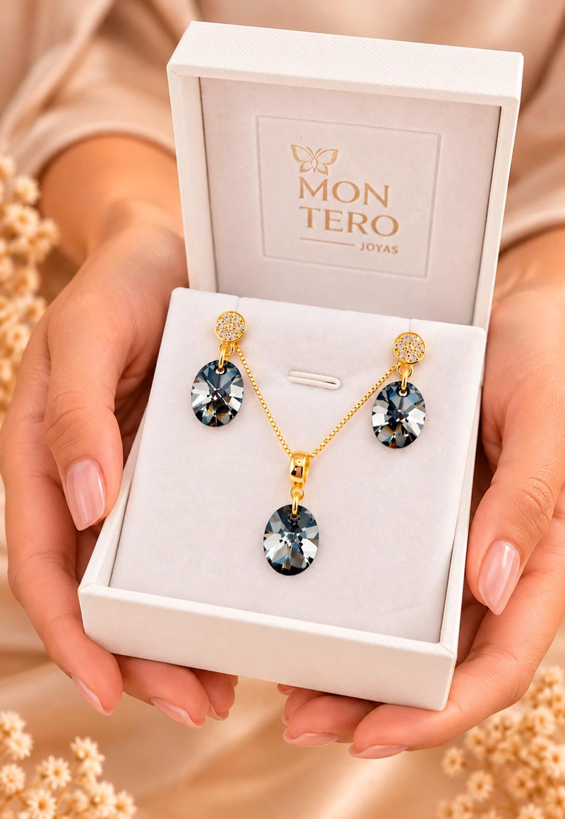 CONJUNTO JOYAS MONTERO PRAGA GOLD CRISTALES GENUINOS SILVER NIGHT - 7