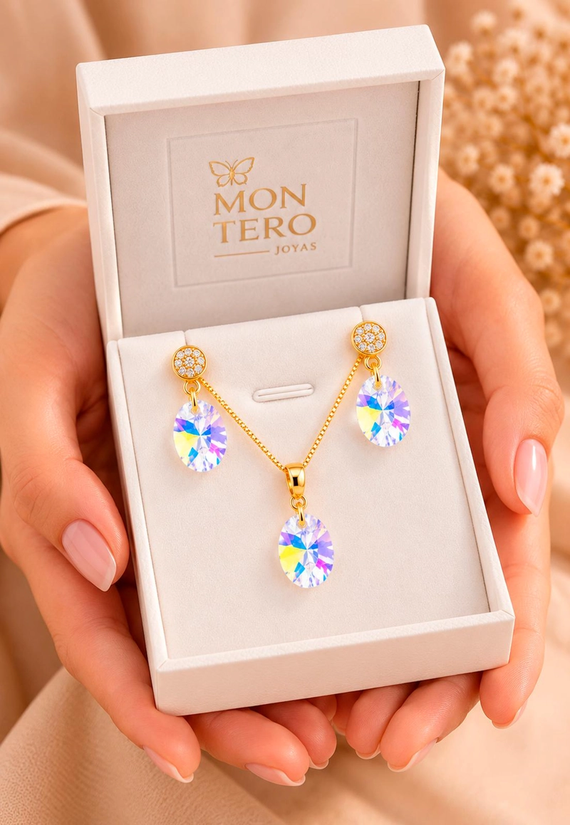 CONJUNTO JOYAS MONTERO PRAGA GOLD CRISTALES GENUINOS AURORA BOREAL - 8