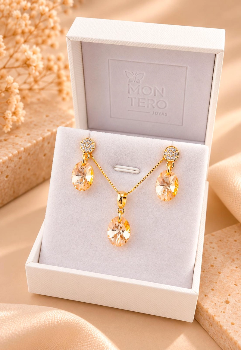 CONJUNTO JOYAS MONTERO PRAGA GOLD CRISTALES GENUINOS GOLDEN SHADOW - 3