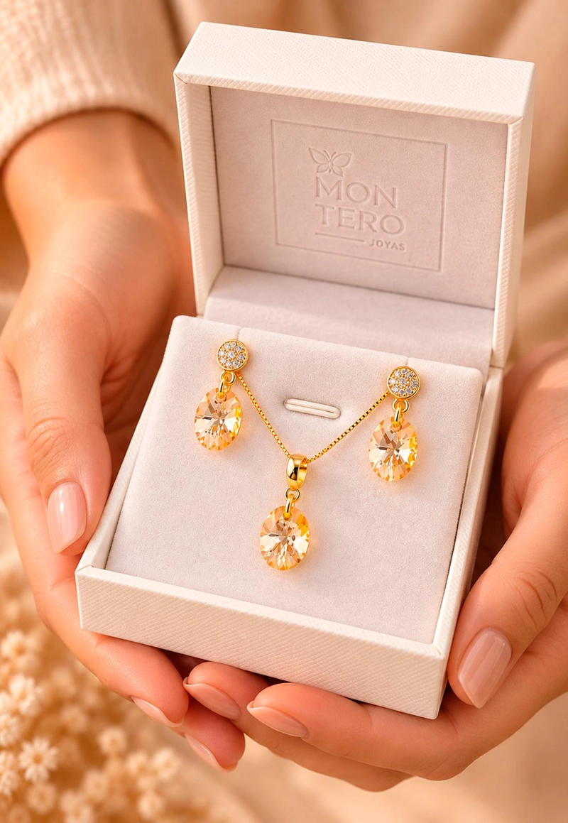 CONJUNTO JOYAS MONTERO PRAGA GOLD CRISTALES GENUINOS GOLDEN SHADOW - 7