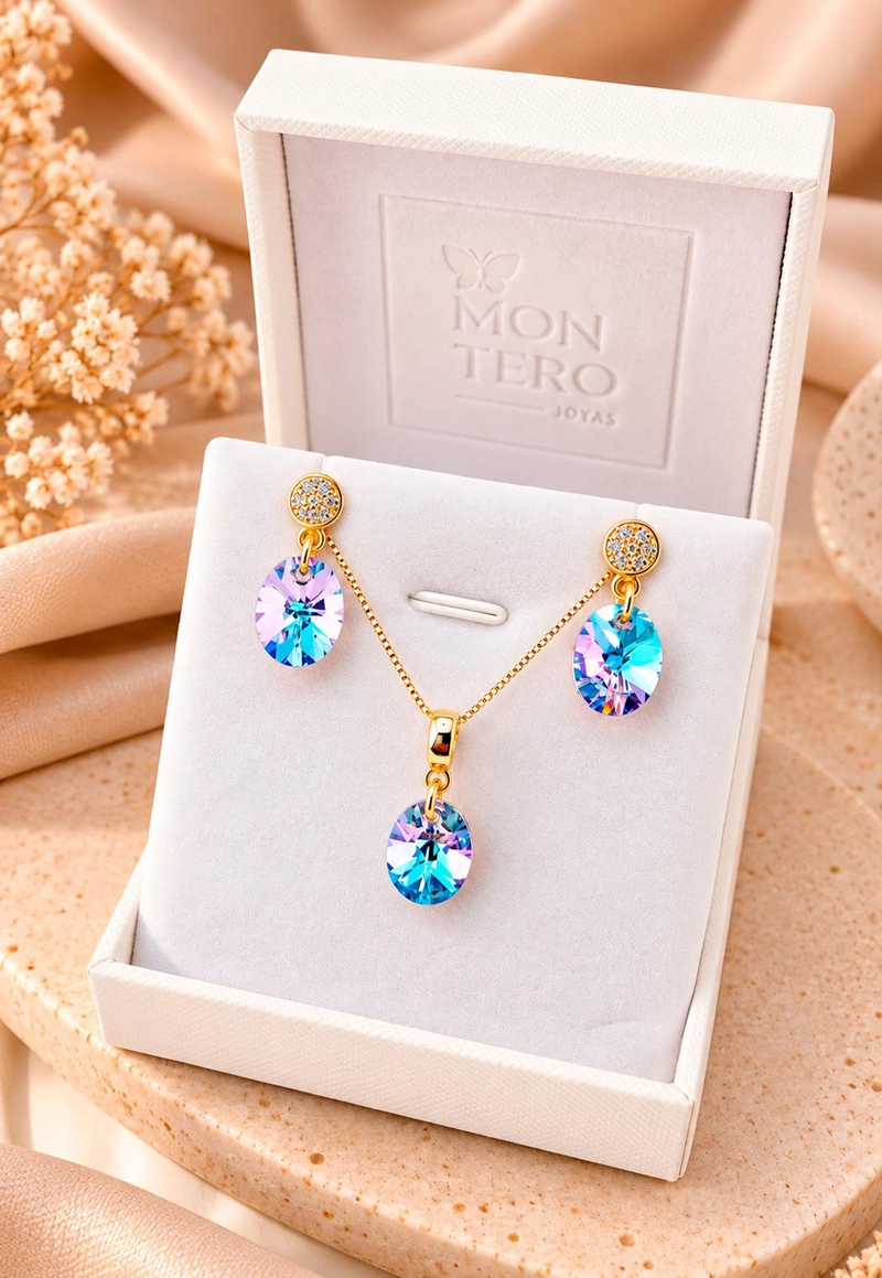 CONJUNTO JOYAS MONTERO PRAGA GOLD CRISTALES GENUINOS VITRAL LIGHT - 3