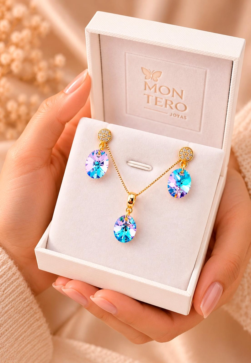 CONJUNTO JOYAS MONTERO PRAGA GOLD CRISTALES GENUINOS VITRAL LIGHT - 7