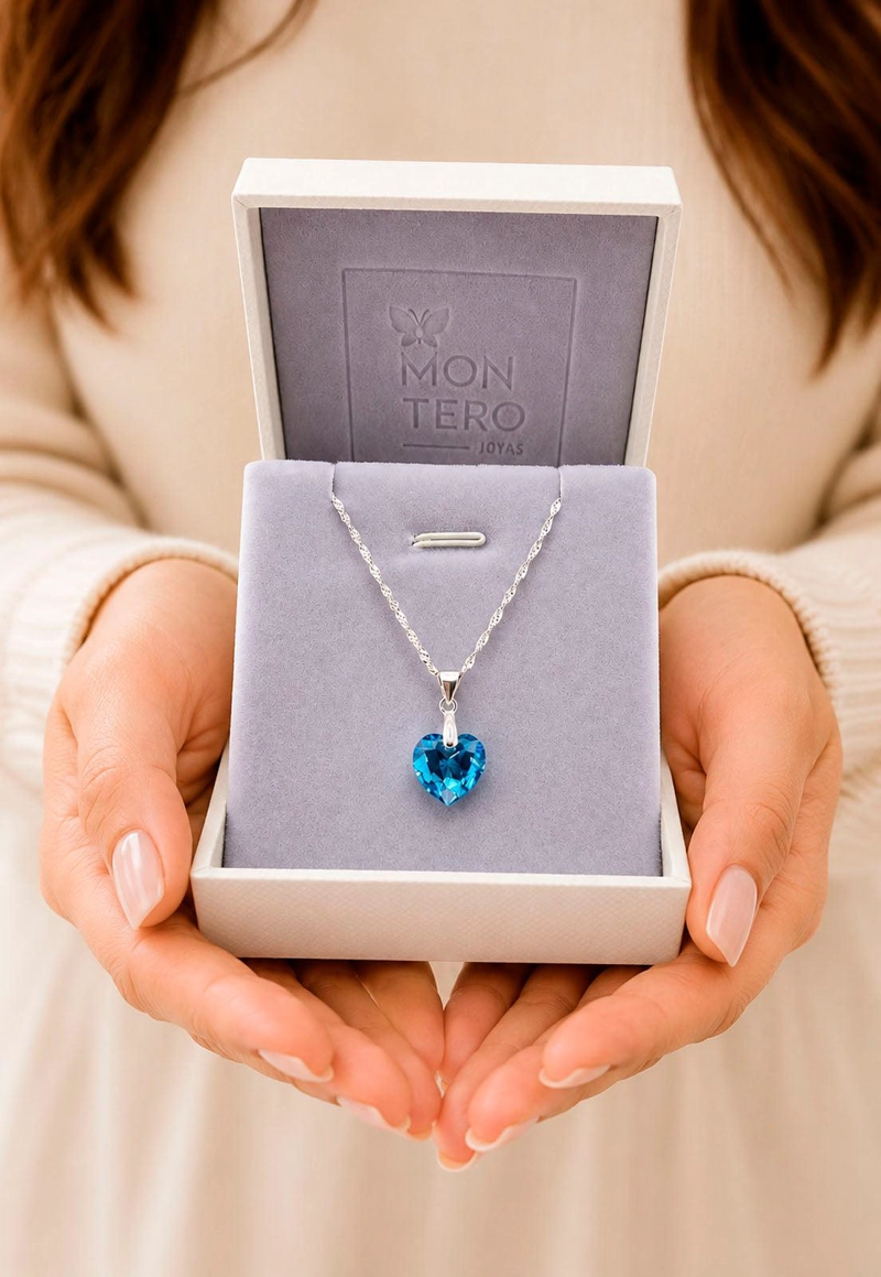 COLLAR AMOR PLATA 925 CRISTAL  SWAROVSKI AQUAMARINE - 3