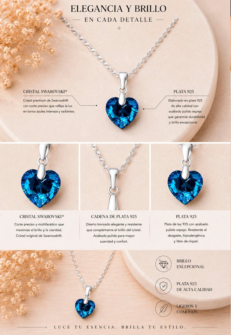 COLLAR AMOR PLATA 925 CRISTAL  SWAROVSKI AQUAMARINE - 8