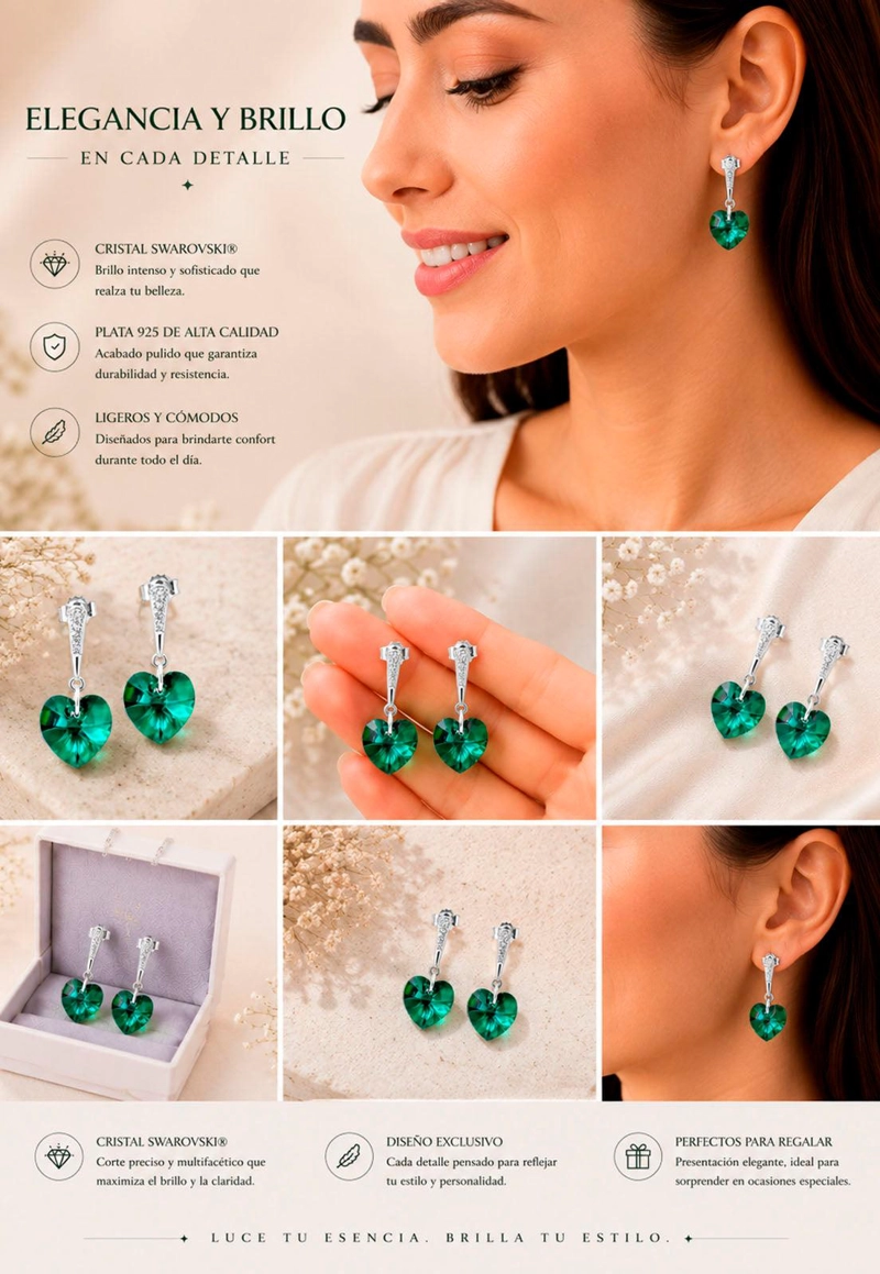 AROS ROMANCE PLATA 925 CRISTAL SWAROVSKI® EMERALD - 7