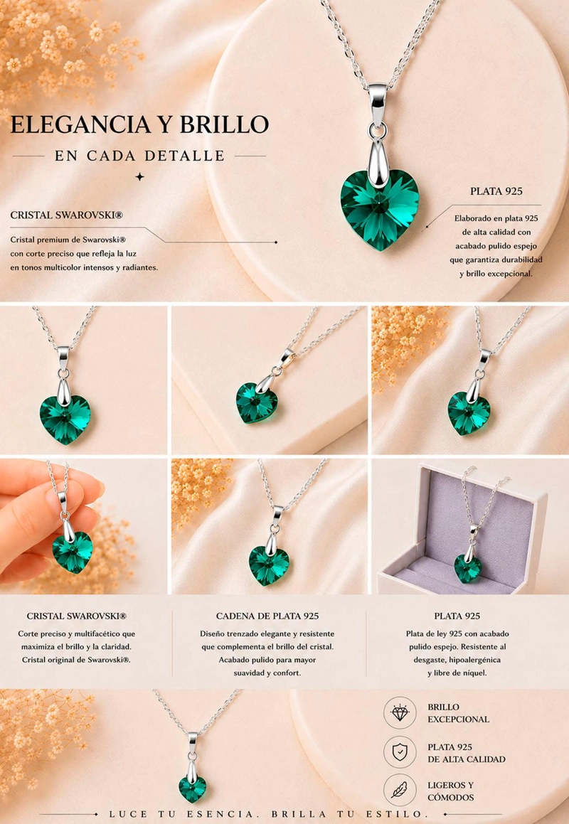 COLLAR ROMANCE PLATA 925 CRISTAL Swarovski EMERALD - 6