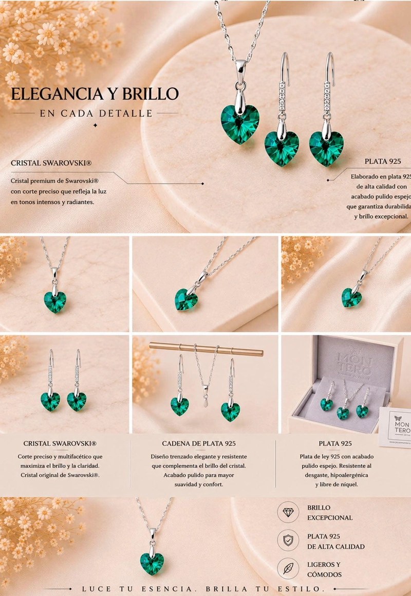 CONJUNTO ROMANCE PLATA 925 CRISTAL Swarovski® EMERALD - 3