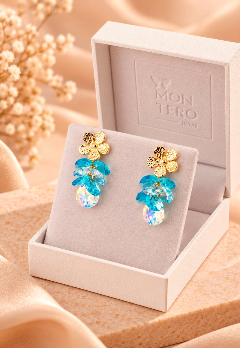 AROS MOANA BAÑO DE ORO 24K  CRISTAL GENUINO TURQUESA - 3