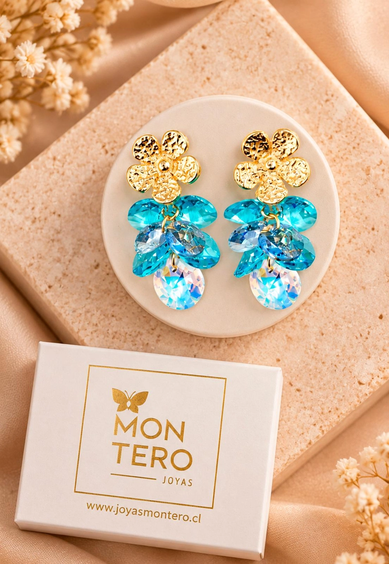 AROS MOANA BAÑO DE ORO 24K  CRISTAL GENUINO TURQUESA - 5