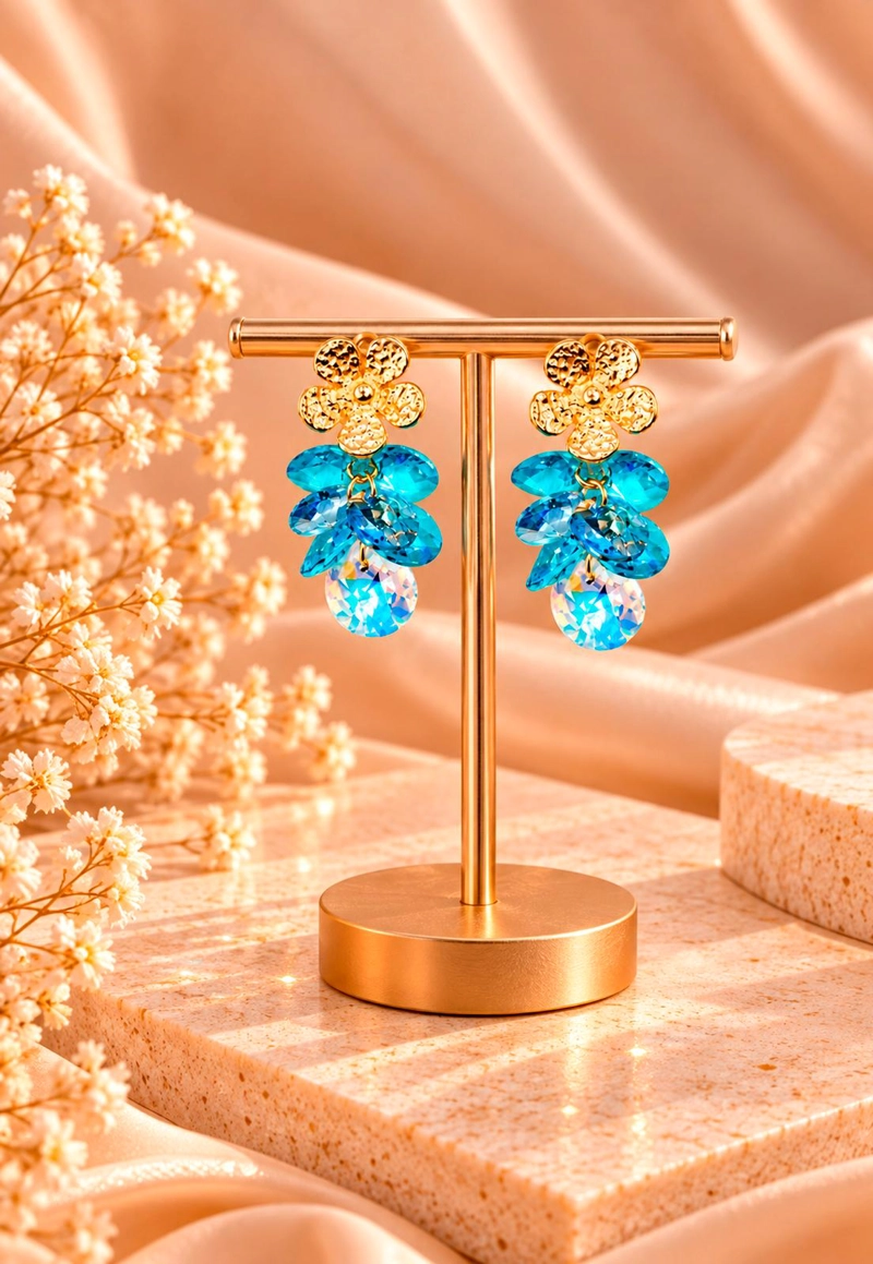 AROS MOANA BAÑO DE ORO 24K  CRISTAL GENUINO TURQUESA - 6