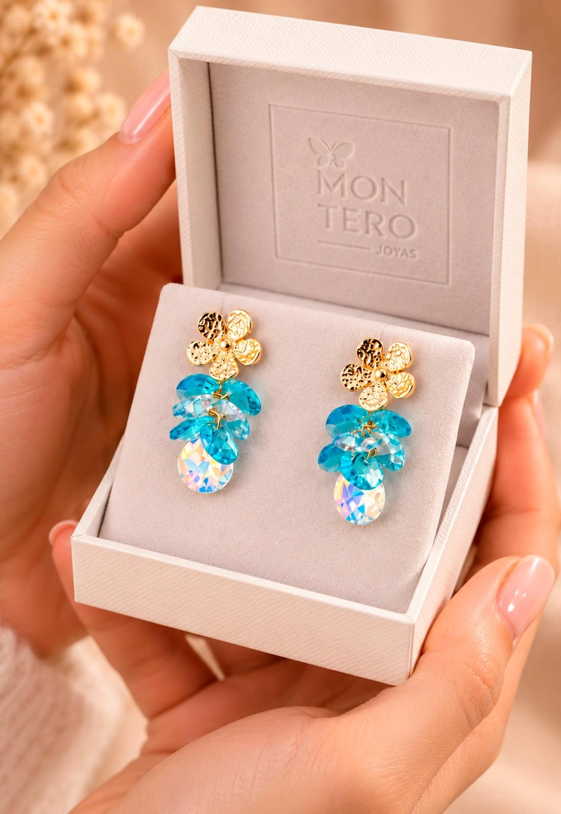 AROS MOANA BAÑO DE ORO 24K  CRISTAL GENUINO TURQUESA - 7
