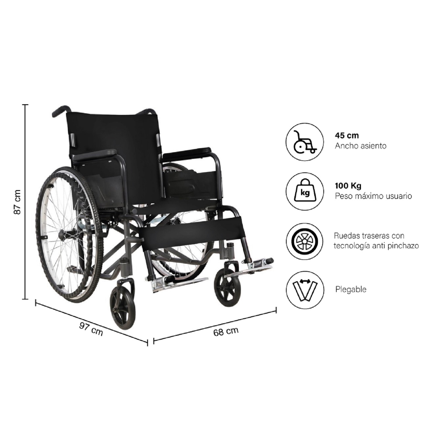 SILLA FIRST CARE SRSN RUEDAS STANDARD PLEGABLE NEGRO - 2