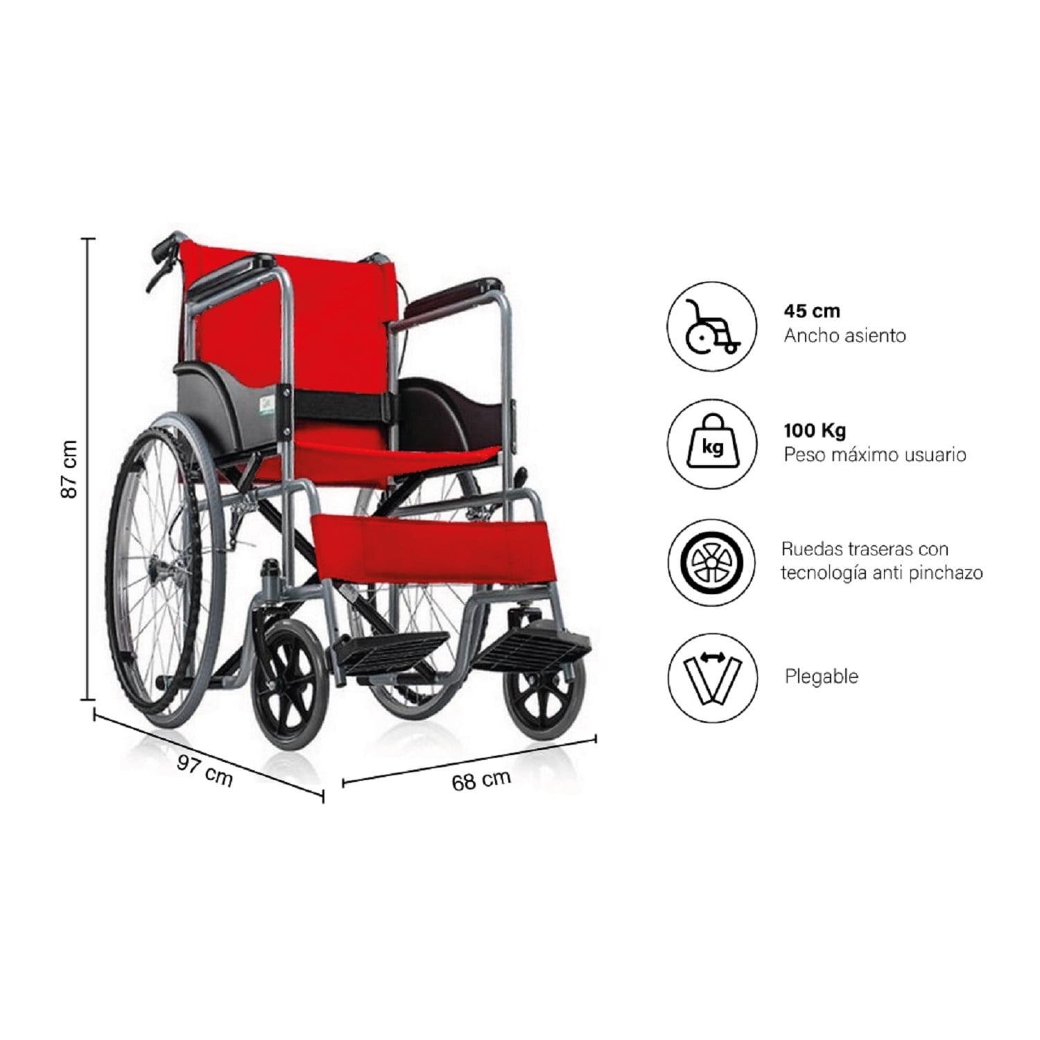 SILLA FIRST CARE SRSP RUEDAS STANDARD PLEGABLE ROJO - 2