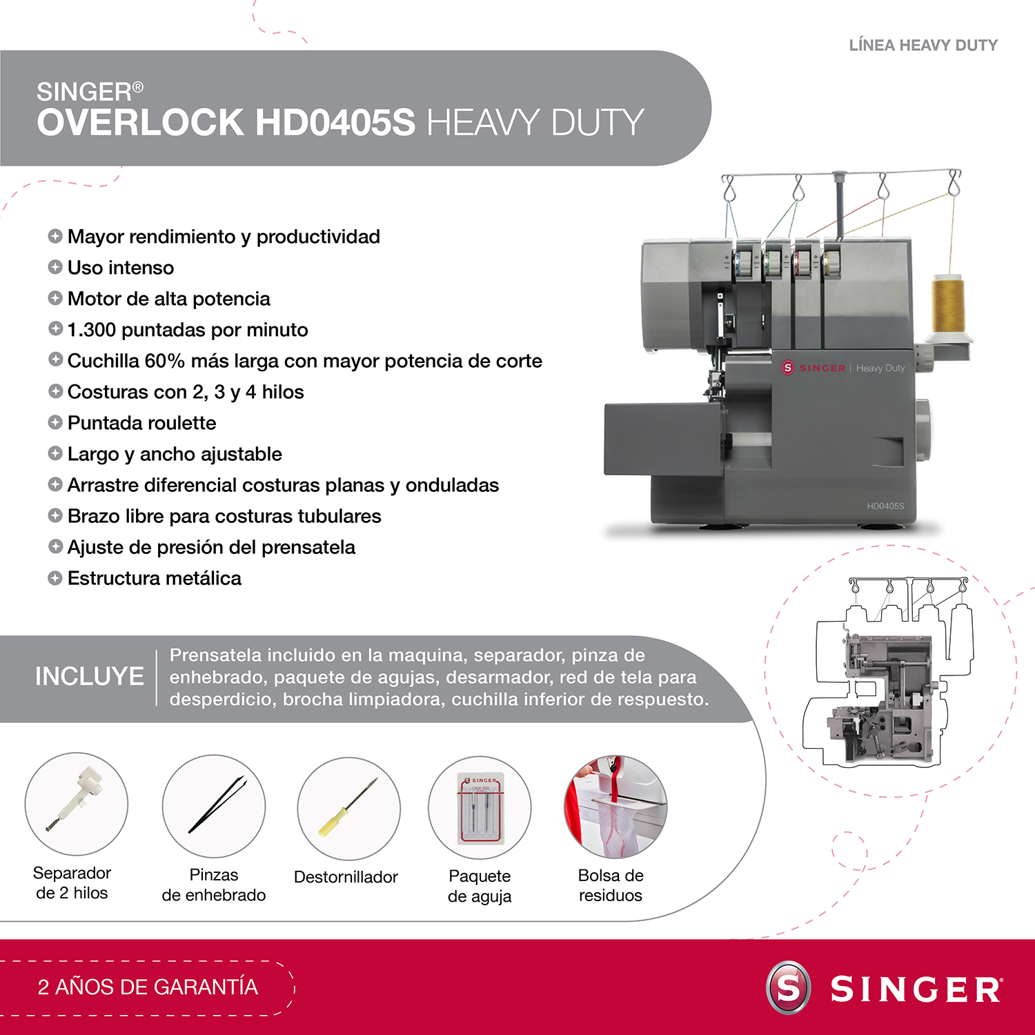 MAQUINA SINGER 1DSHD0405S MÁQUINA OVERLOCK HD0405S HEAVY DUTY - 2