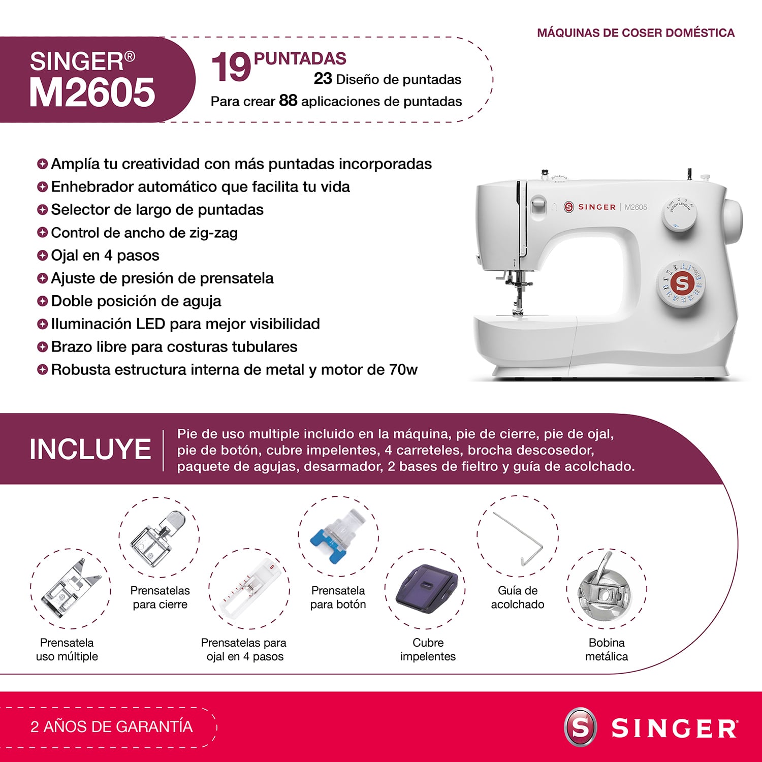 MÁQUINA DE COSER RECTA ZIG ZAG SINGER M2605 70W - 2
