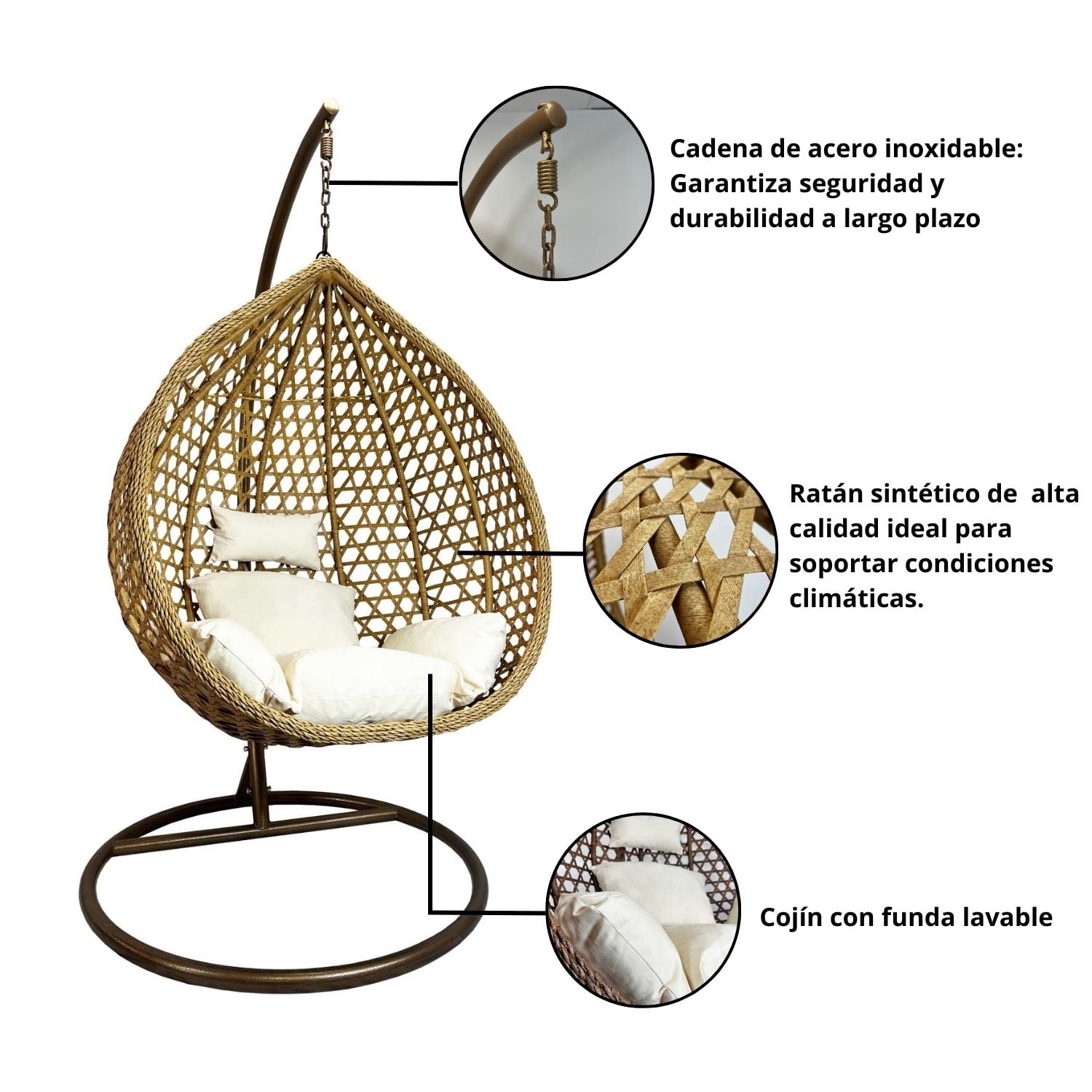 Silla Colgante Hawái L Caramelo Cojín Marfil - 4