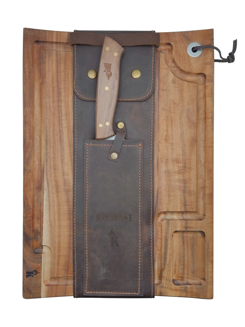 SET PARRILLERO TABLA + CUCHILLO CON FUNDA DE CUERO CAFE - 1