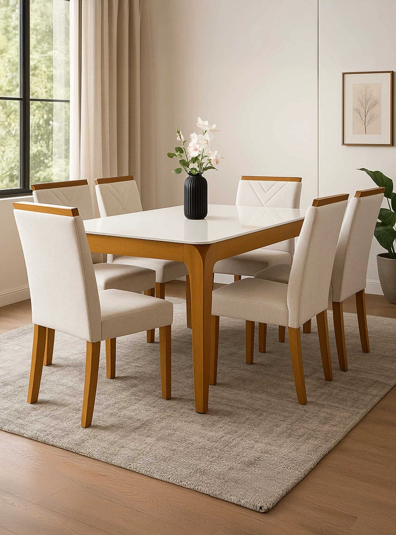 JUEGO DE COMEDOR ROMA 160X90 CM VIDRIO 6 SILLAS BEIGE - 6