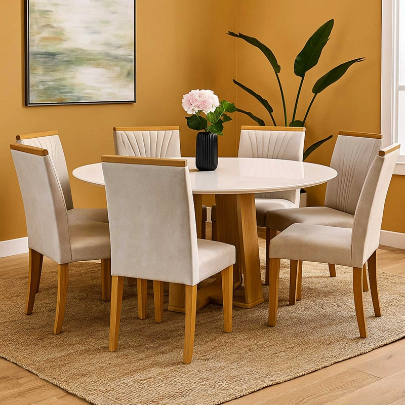 JUEGO DE COMEDOR ESENCIA 135X135 CM VIDRIO 6 SILLAS BEIGE - 1