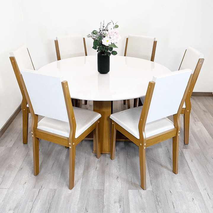 JUEGO DE COMEDOR AMORE  135X135 CM VIDRIO 6 SILLAS BEIGE - 1