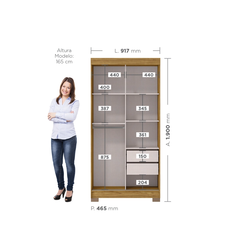 CLOSET 2 PUERTAS CORREDERA LUMIÈRE 190 X 91,7 X 46,5 MARROCO OFF WHITE CON ESPEJO - 5