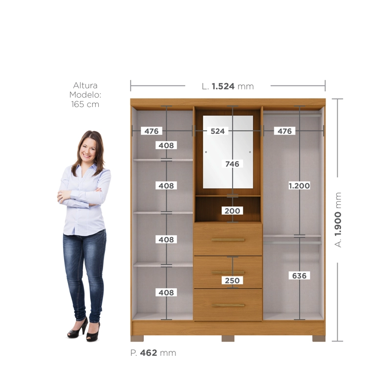 CLOSET 4 PUERTAS 3 CAJONES VERSALLES 190 X 152,4 X 46,5 CINAMOMO/ OFF WHITE - 2
