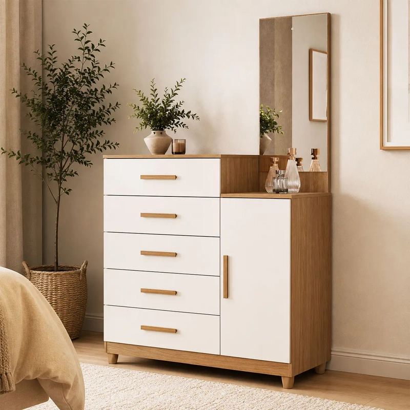 COMODA LISBOA 5 CAJONES 1 PUERTA CON ESPEJO FREIJO OFF WHITE. - 1