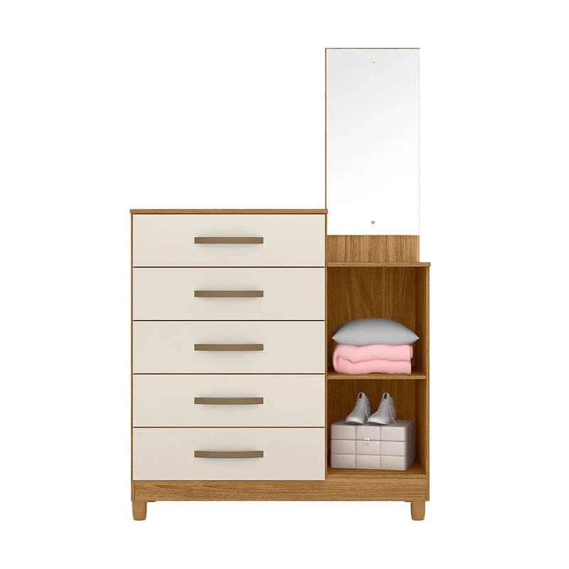 COMODA LISBOA 5 CAJONES 1 PUERTA CON ESPEJO FREIJO OFF WHITE. - 2