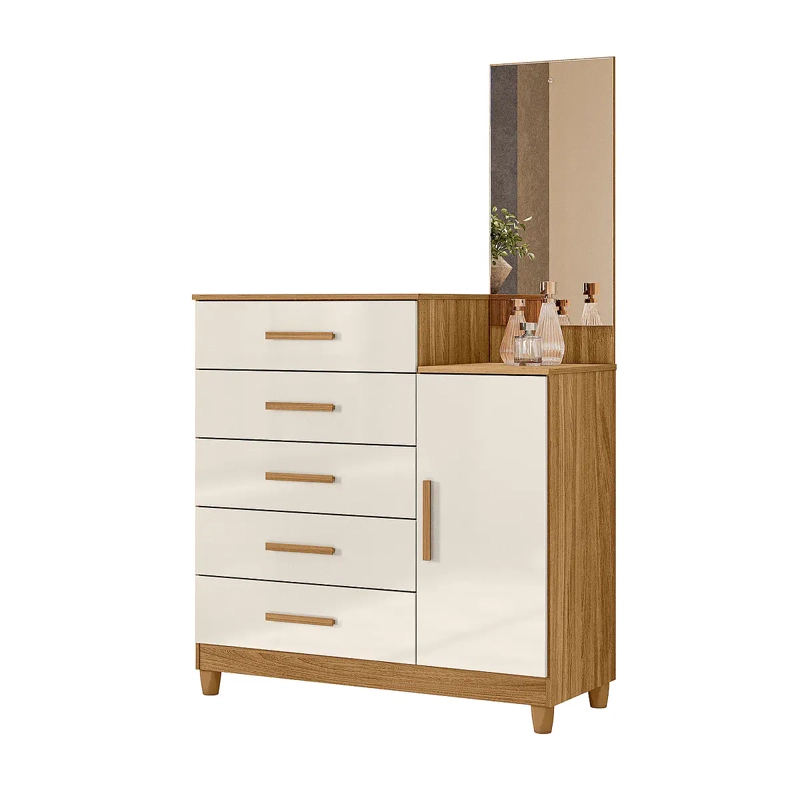 COMODA LISBOA 5 CAJONES 1 PUERTA CON ESPEJO FREIJO OFF WHITE. - 3