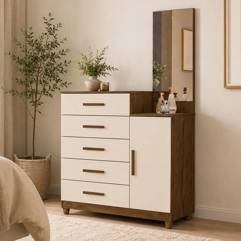 COMODA LISBOA 5 CAJONES 1 PUERTA CON ESPEJO CASTAÑO OFF WHITE. - 1