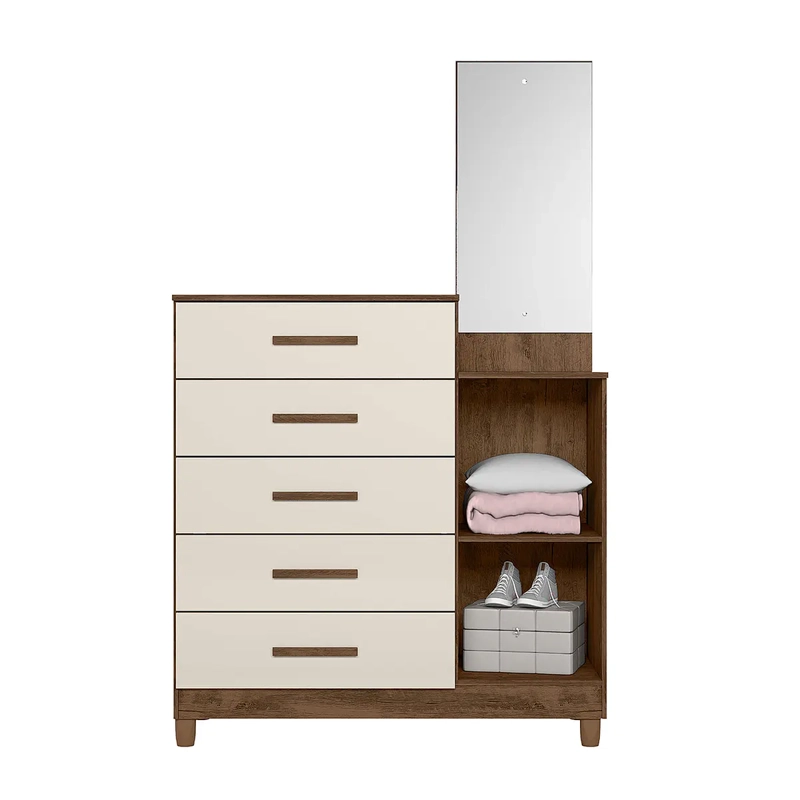 COMODA LISBOA 5 CAJONES 1 PUERTA CON ESPEJO CASTAÑO OFF WHITE. - 2