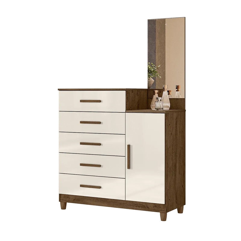 COMODA LISBOA 5 CAJONES 1 PUERTA CON ESPEJO CASTAÑO OFF WHITE. - 3