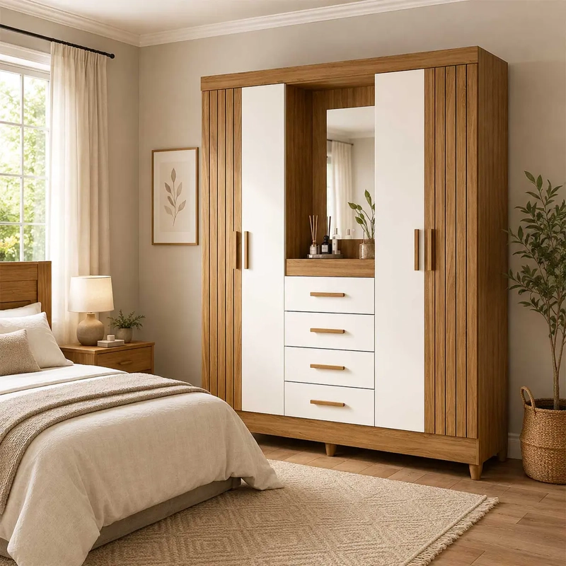 CLOSET 4 PUERTAS 4 CAJONES ATENAS FREIJO OFF WHITE CON ESPEJO. - 1