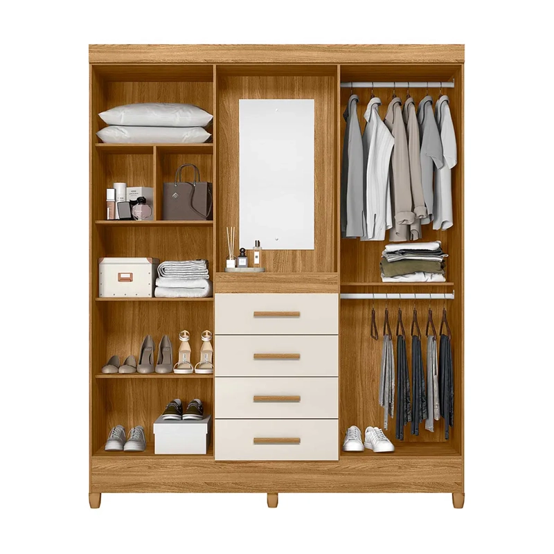 CLOSET 4 PUERTAS 4 CAJONES ATENAS FREIJO OFF WHITE CON ESPEJO. - 2