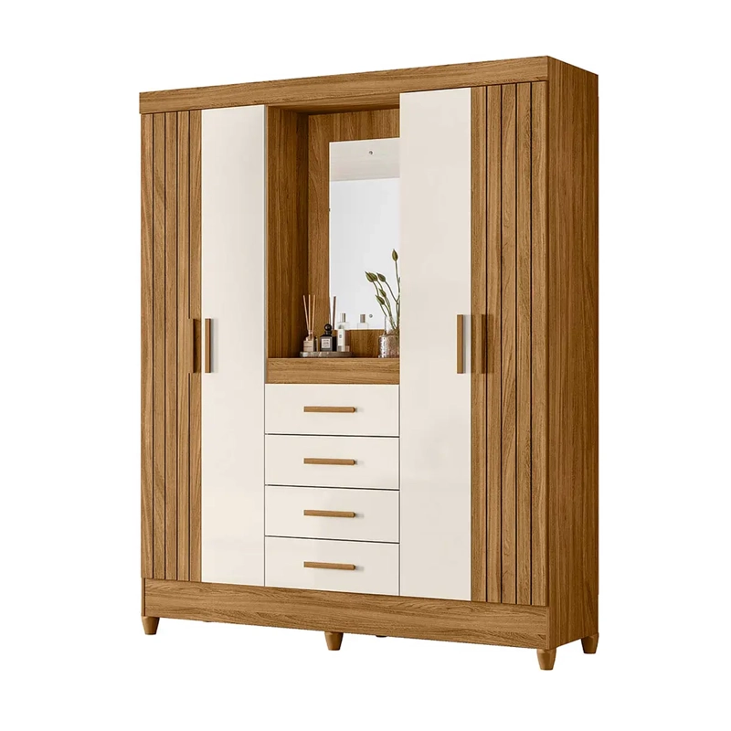 CLOSET 4 PUERTAS 4 CAJONES ATENAS FREIJO OFF WHITE CON ESPEJO. - 3