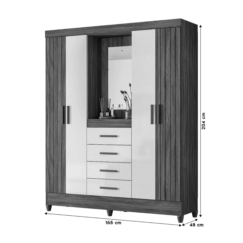 CLOSET 4 PUERTAS 4 CAJONES ATENAS FREIJO OFF WHITE CON ESPEJO. - 4