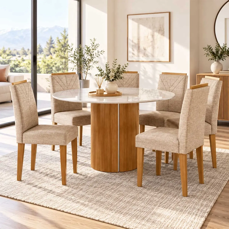 JUEGO DE COMEDOR REDONDO 6 SILLAS SERENA VIDRIO 1.35 BEIGE - 1