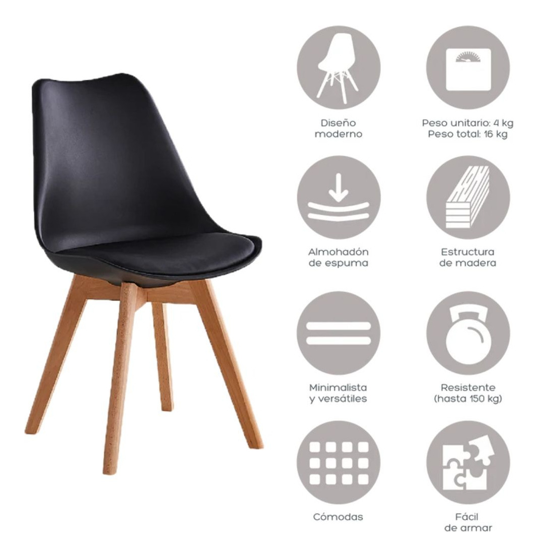 PACK 4 SILLAS TULIP COLOR NEGRO, COMEDOR, BAR, NEGOCIO - 7