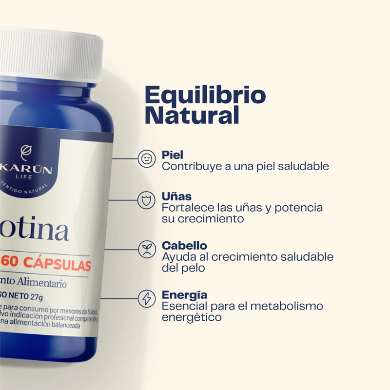 BIOTINA 150MCG 60 CAPSULAS - UÑAS PIEL CABELLO - KARUNLIFE - 3