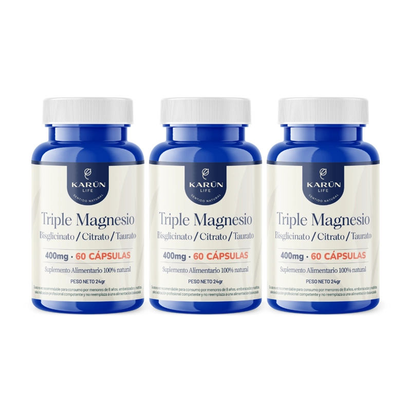 PACK X3 TRIPLE MAGNESIO BISGLICINATO, CITRATO, TAURATO 400MG 180 CAPSULAS KARUN LIFE - 1