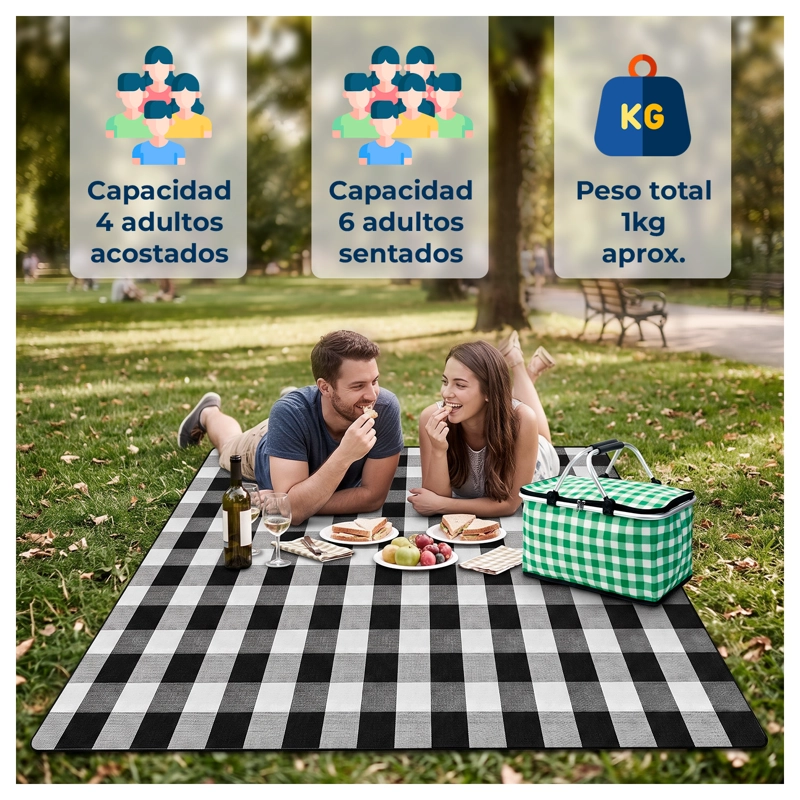 MANTA PICNIC GLOBAL LATIN GROUP 1606100 DE CUADROS NEGROS CON BLANCO - 2