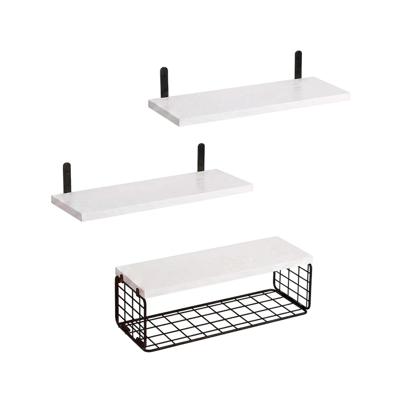 REPISAS FLOTANTES DE MADERA SET DE 3 NIVELES CON CANASTA METALICA - 1