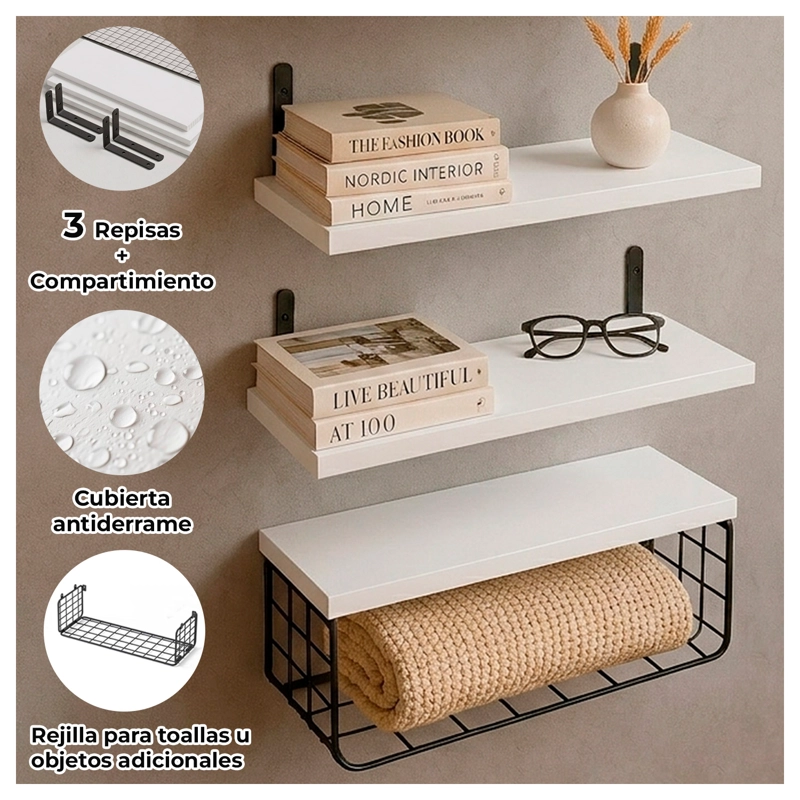 REPISAS FLOTANTES DE MADERA SET DE 3 NIVELES CON CANASTA METALICA - 2