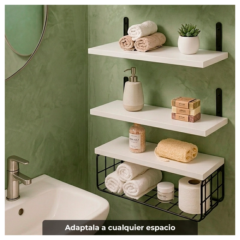 REPISAS FLOTANTES DE MADERA SET DE 3 NIVELES CON CANASTA METALICA - 3