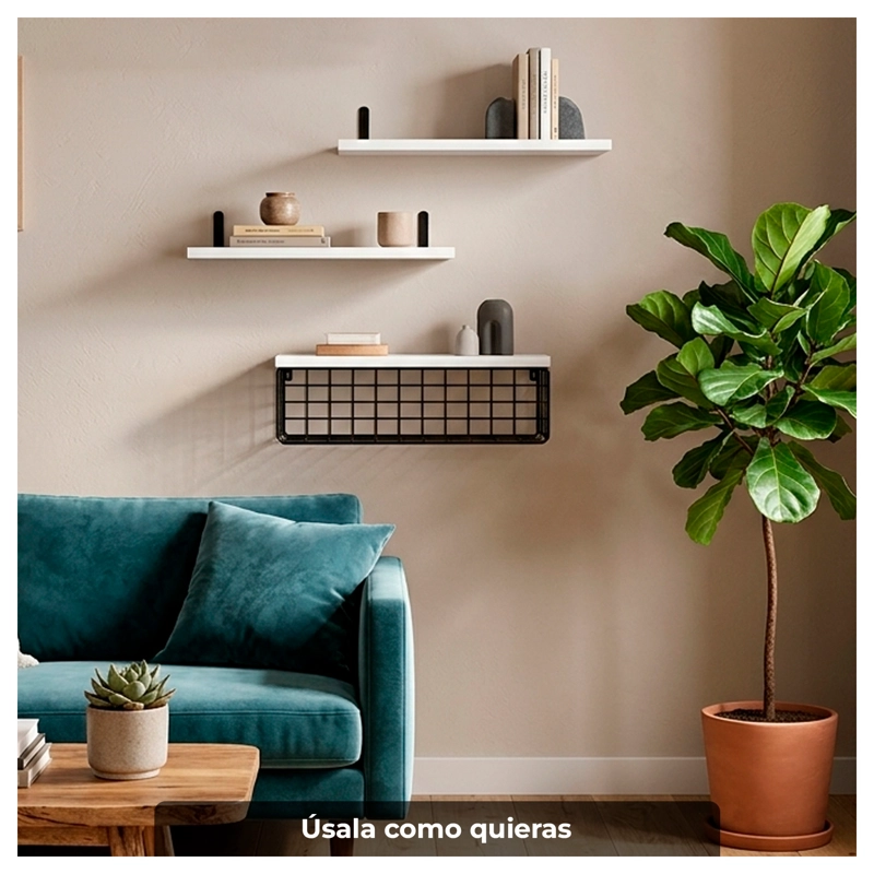 REPISAS FLOTANTES DE MADERA SET DE 3 NIVELES CON CANASTA METALICA - 4