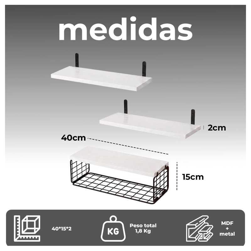 REPISAS FLOTANTES DE MADERA SET DE 3 NIVELES CON CANASTA METALICA - 6